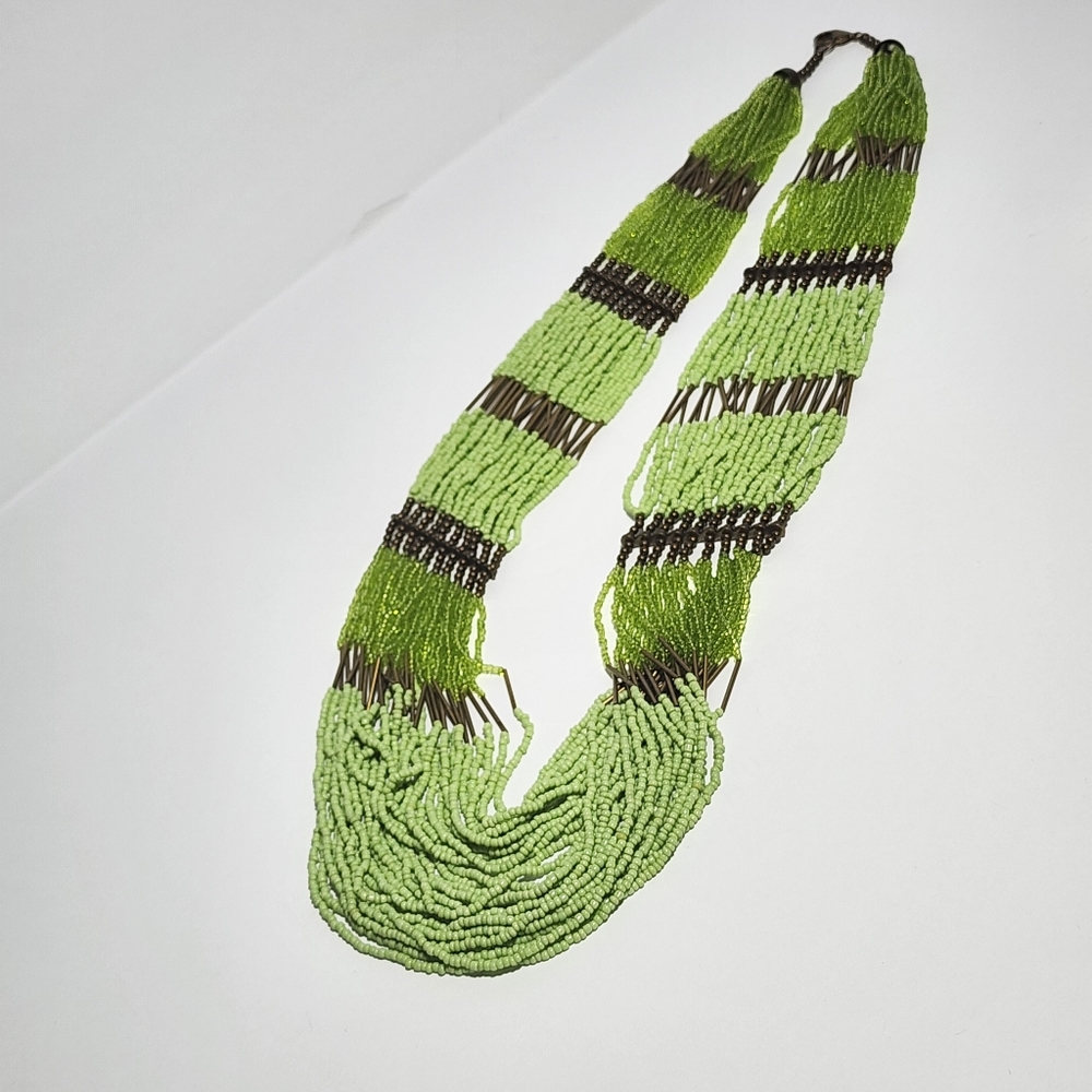 Multi-Layer Seed Bead Necklace Mint Green Gold-Tone Bold Statement 32” Long Boho